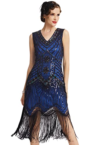 BABEYOND Women's Flapper Dresses 1920s V Neck Beaded Fringed Great Gatsby Dress Blue