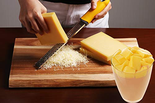 Image of Baskety Professional Lemon Zester & Cheese Grater Dishwasher Safe Heavy-Duty Stainless Steel Blade for Extra-Fine Flakes Hard & Soft Cheeses,Veggies,Fruits,Roots,Spices,Chocolates (Yellow)