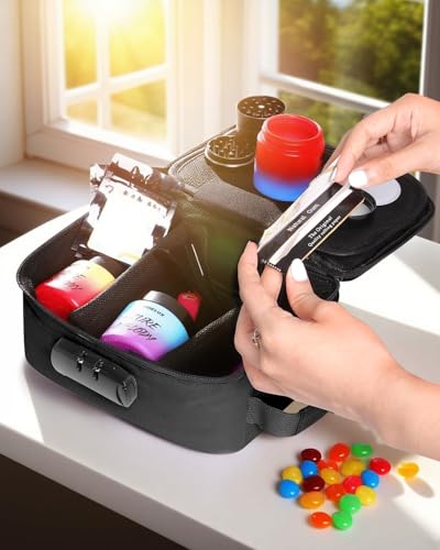 Carbon Lined Bag with Combination Lock, Airtight Glass Jar & UV Protection Glass, Moisture-Proof Travel Organizer for Coffee, Tea, Large Capacity Storage Case (Black)3