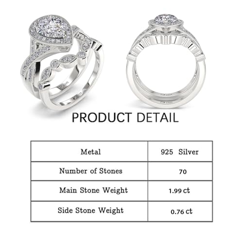 Jeulia 1.2ct Gemstone Engagement Ring Set for Women, Halo 2PCS Pear Cut Sterling Silver Rose Gold Wedding Band Ring Morganite Vintage Promise Bridal Jewelry with Gift Box2