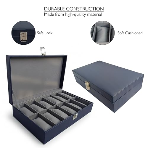 Image of MDF Unisex Faux Leather Watch Organiser Box with 12 Slots | Color: Blue