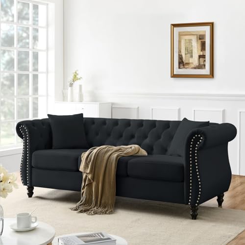 JEEOHEY Chesterfield Sofa Couch,80" Button Tufted Velvet Sofa with Rolled Arms&Nailhead Trim,Comfy 3 Seater Sofa,Oversize Mid Century Modern Couch for Living Room,Bedroom,Apartment,Office(Black)