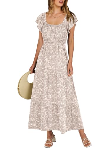ANRABESS Women’s Casual Summer Maxi Dress Flutter Short Sleeve Scoop Neck Smocked A Line Flowy Beach Vacation Long Dresses