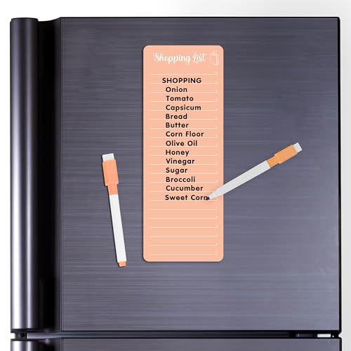 Image of Clickedin Magnetic Shopping List Grocery Fridge Magnet, 10x24 cm Acrylic Board with Marker (Papaya Orange)
