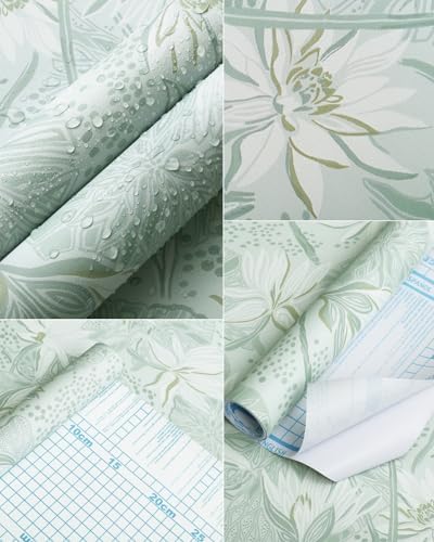 Fiula Green Lotus Wallpaper Peel and Stick Wallpaper Flower Wallpaper 39.5CMx3M Removable Wallpaper Self Adhesive Wallpaper Decorative Shelf Drawer Liner Roll Waterproof