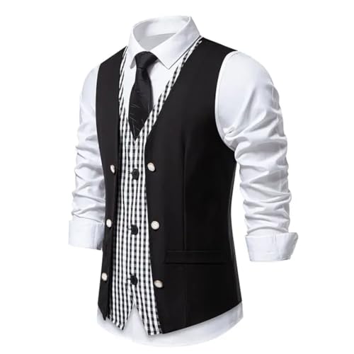 Men’S Vintage Fake Two-Piece Patchwork Plaid Vest Single Breasted Slim Fit Formal Business Wedding Waistcoat3
