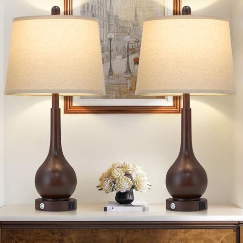 luxeflow 26" Brown Table Lamps Set of 2, Touch Control Bedside Lamps for Bedroom Nightstand, 3-Way Dimmable Farmhouse Lamp for Living Room with Charging Port (2 LED Bulbs Included)