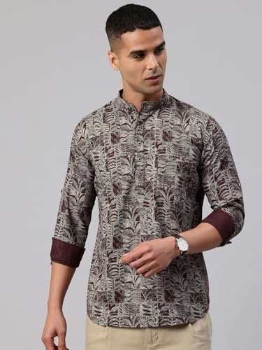 Image of Majestic Man Men's Pure Cotton Printed Mandarin Collar Regular Fit Roll-Up Sleeves Short Kurta