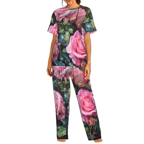 Pyjama léger à manches courtes femme anti-chaleur imprimé roses