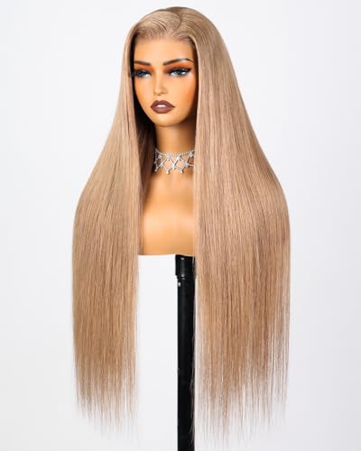 Arabella Blonde Wig Human Hair Glueless Wigs Human Hair Pre Plucked Pre Cut 220% Density 6X5 Light Brown Wig Human Hair Lace Closure Straight Glueless Milk Tea Brown 22INCH