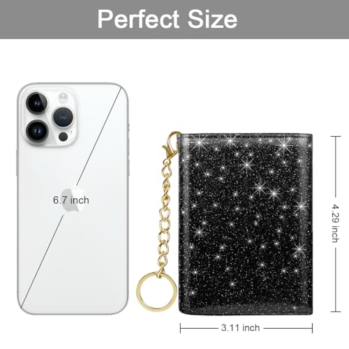 Image of Trifold Small RFID Blocking Wallet Pocket Cute Short Slim Sparkling Credit Card Holder Leather Keychain Ladies Mini Purse with ID Window, Glitter Black