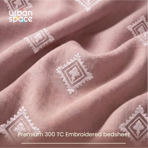 Image of Urban Space 100% Cotton 300TC Jacquard Embroidered bedsheets for King Size Bed, Pure Cotton King Bedsheet, Checks bedsheet King Size with 2 Pillow Covers (108 inch x 108 inch, Diamond Dusty Pink)