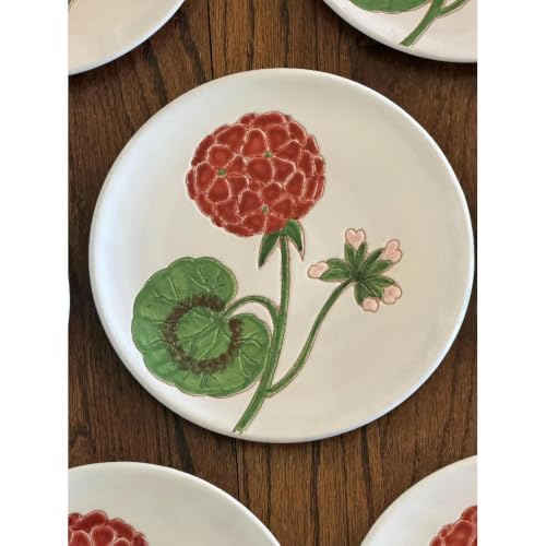 Vintage Geranium Plates Set, Hand Painted Floral Pottery, 8" Diameter