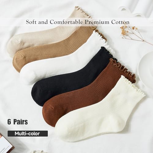 Women's Ruffle Ankle Socks (6-Pairs), Cotton Blend Comfortable Soft & Breathable, Cute Frilly Ankle Socks -Size 5-94