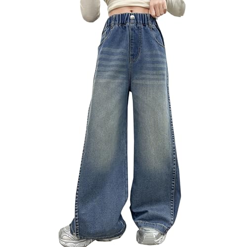 Viatabuna Girls Wide Leg Jeans Elastic High Waisted Cute Loose Pull On Baggy Denim Pants Kid Girls 5-14 Y Casual Streetwear