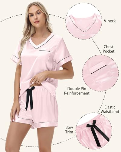 Image of 3 Piece Silk Satin Pajamas Set for Women Soft Short Sleeve Christmas Pjs Silky V Neck Sleepwear with Top Shorts and Pants,Pink,M