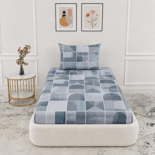 Image of VOMZER Single Size (36x72) 300 TC Soft Cotton Feel Microfiber All Around Elastic Fitted Single Bedsheet with 1 Pillow Cover | Grey Blue Geometric