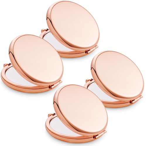 MLLXX Compact Mirror for Purse, Metal Round Shell, Double-Sided 1X/2X Magnifying, Portable Travel Makeup Mirror, Mini Pocket Mirror, Rose Gold, 4 Packs
