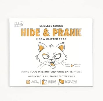 Hide & Seek Prank Meowy Glitter Trap - 8-Hour Intermittent Cat Meows with Wall-Adhesive and Surprise Glitter Pouch for Office & Home Fun - Laughter!