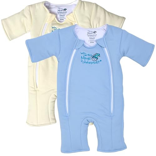 Image of Magic Sleepsuit Baby Merlin's Cotton Baby Transition Swaddle, Small (12-18 lbs) Cozy Sleep Sack, Soft Cotton Inner Layer, Double Zipper for Easy Diaper Changes, Cream & Blue 2 Pack