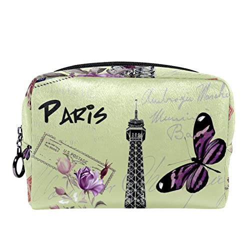 Trousse de Maquillage Sac cosmétique de Voyage Pochette Sac à Main Sac à Main avec Fermeture éclairPapillon Fleur Tour Eiffel Paris Vintage