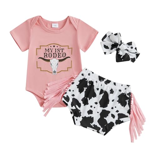 Western Baby Girl Clothes Cowgirl My 1st Rodeo Ruffle Romper Shirt Cow Print Bloomer Shorts 3Pcs Coming Home Outfit