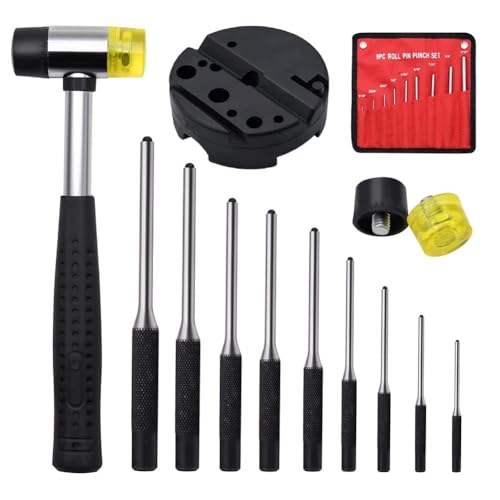 13 piece Metal Pin Punch Disassembly and Repair Tool Kit with 9 Installation Hammer 2 Replacement Heads Workbench for Gunsmiths Jewelers Watchmakers Construction Workers Engineers Carpenters Craftsmen