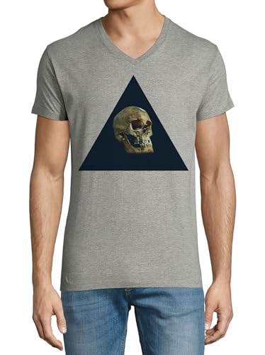 T-shirt col en V hipster skull homme coton gris triangle death art mode alternative rock