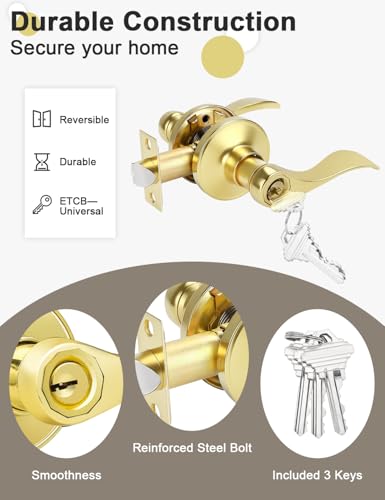 Image of Gobrico Polished Brass Keyed Entrance Door Lever Handle Entry Door Lockset Hardware with Key,Drop Lever Style Door Lock for Front Door Exterior Door,6 Pack