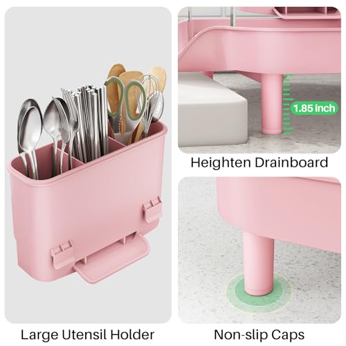 Image of SAYZH Dish Drying Rack - Expandable Dish Rack for Kitchen Counter, Rust-Resistant Dish Drainer with Utensil Holder and Raised Guardrail, Kitchen Organizer for Cup and Bottle (Pink)