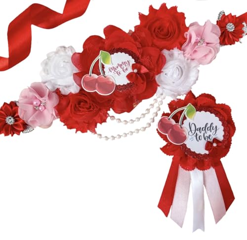 Cherry-Themed Baby Shower Sash & Badge Set – “Mom to Be” & “Daddy to Be” – Red, Pink & White Floral Design with Pearls – Gender Reveal Gift for Expectant Parents