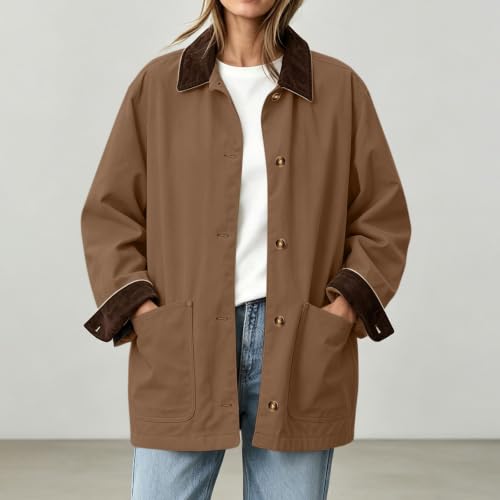 Womens Barn Jacket Corduroy Collar Cuffs Lightweight Button Front Pockets - image 6