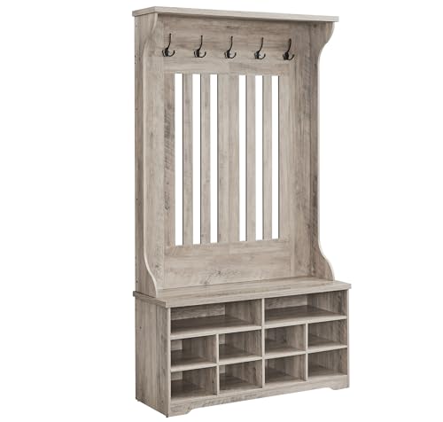VASAGLE Meuble d’Entrée, Porte-Manteau avec Banc à Chaussures, Vestiaire, Rangement pour Chaussures, 5 Crochets Triples, Gain de Place, pour Entrée, Couloir,...