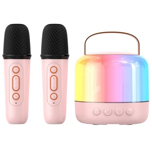Mini Karaoke Con 2 Micrófonos Inalámbricos, Altavoz Portátil Con Luces LED Y Efectos De Voz, Regalo Perfecto Para Niños Y Adultos - Rosa