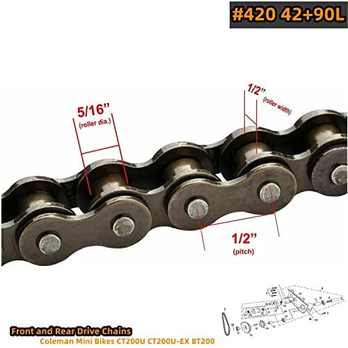 Image of Mini Bike Chain for Coleman Ct200u Ct200u-ex Bt200x Front and Rear Drive Chains and Chain Adjuste Accessories (#420 Chain 42 Link+#420 Chain 90 Link)