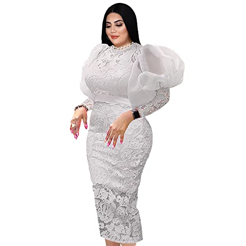 ONTINVA Women's Floral Lace Long Sleeve Patchwork Mesh Slim Pencil Midi Dress