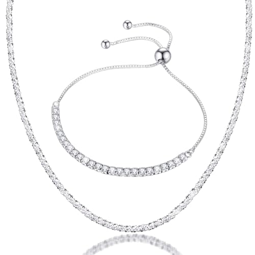 2pcs Tennis Silver Bracelet and Necklace Plated Platinum Diamond Delicate Adjustable Slider Bracelet Necklace Delicate Silver Necklace Choker Sparkle Jewelry Fashion Set for Women