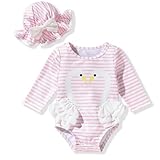 MINIFEIKO 0-3 Months Baby Girls Bathing Suit Long Sleeve Swan Swimsuit One Piece Swimming Suit with Hat