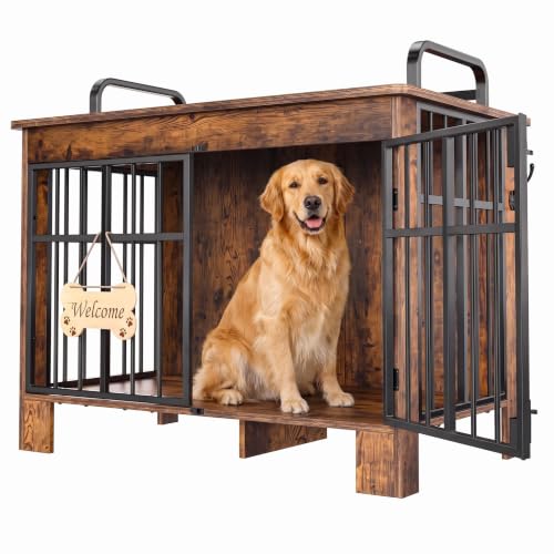 YITAHOME Grande Cage pour Chien 100 cm, Double Porte en Bois avec Rails Anti-Chute et Crochet latéral, Panneau de Bienvenue en Forme d'os, Table d'appoint pour Chiens de Petite et Moyenne Taille