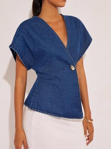 Floerns Women's Asymmetrical Denim Blouses Button Dolman Sleeve Wrap V Neck Jeans Tops2