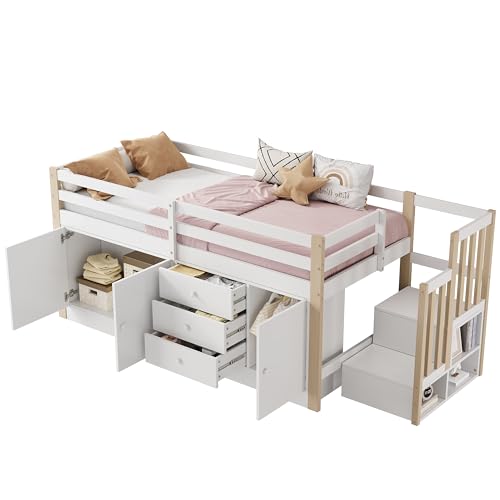 KecDuey 90 x 200 cm cama alta para niños, cama individual, multifunción, con escalera, cajones, somier con 2 armarios de almacenamiento y barra de lavandería, sin colchón