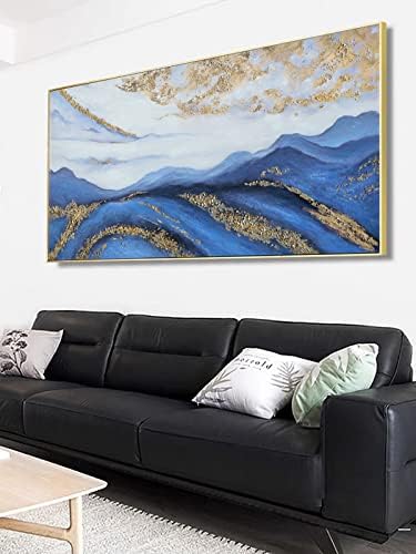 Blue Abstract Canvas Wall Art For Living Room With Gold Foil Framed Mountain Landscape Painting for Bedroom Home Wall Bedroom Decoration 24x48 inches