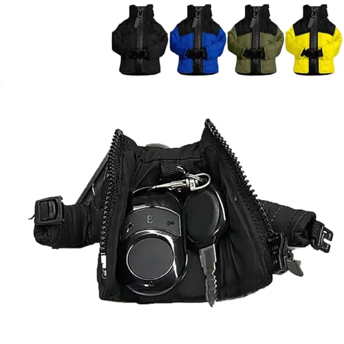 Mini Down Coat Key Chain, Cool Leather Mini Jacket Keychain with Zipper, Unique Funny Key Chain for Friend (Black)