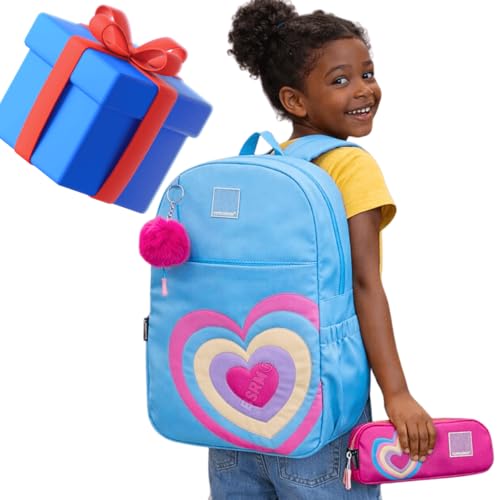 Kit Mochila infantil escolar feminina menina 5 a 9 anos adolescente estampa de coração rosa azul com chaveiro pompom + estojo volta as aulas material escolar (Azul)