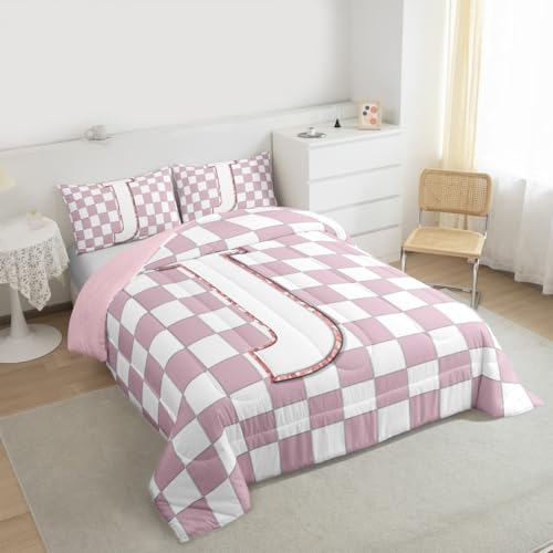 Image of Erosebridal Pink Initial J Toddler Bedding Set Kawaii Plaid Checkered Comforter Set for Kids Girls Teen Women Cute Personalized Monogram Down Comforter,Fashion Grids Gingham Quilt Duvet