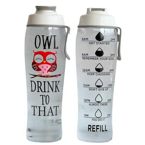 50 Strong Reusable Water Bottles with Times to Drink | BPA-Free Leakproof Bottle with Motivational Time Marker, Chug Cap & Easy Carry Handle | Made in USA (Owl Drink, 30 oz.)
