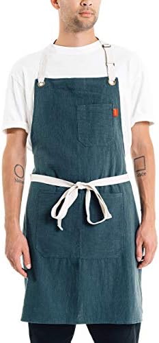 Caldo Linen Kitchen Apron for Cooking - Mens and Womens Linen Bib Apron for Professional Chef, Server, or Barista- Adjustable with Pockets (Spruce)