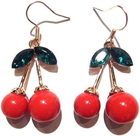 Cherry Earrings red fruit and green leaves pendants on goldtone ear wire image 5