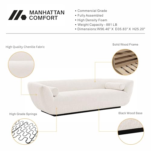 Manhattan Comfort Ulka 96-Inch Contemporary Boucle Sofa for Living Room with Premium Pine Wood Frame, Metal Base, High-Density Foam Padding & 2 Bolster Pillows, Cream