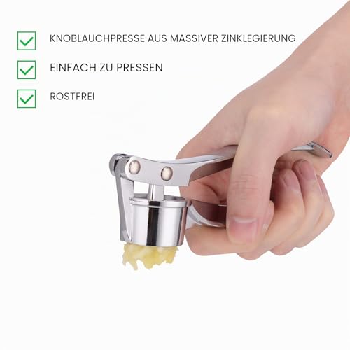 Foto von Jsdoin Knoblauchpresse, Knoblauchschneider Garlic Press, Knoblauch Crusher Praktischer Küchenhelfer Spülmaschinenfest Robust, Zink, Silber